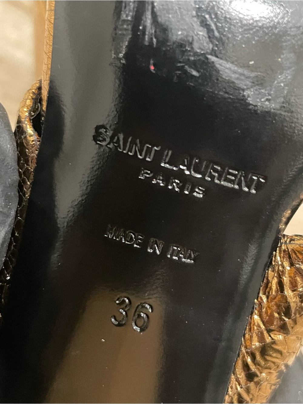 Saint Laurent Metallic Gold Crisscross Block Heel Mules - Picture 2 of 2